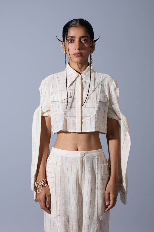 CROPPED TIE-UP SLEEVE SHIRT IN LINEN