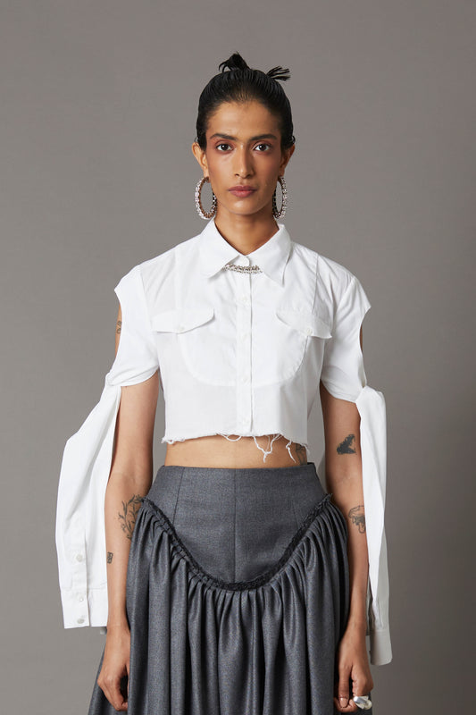 TIE-UP SLEEVES CROPPED SHIRT