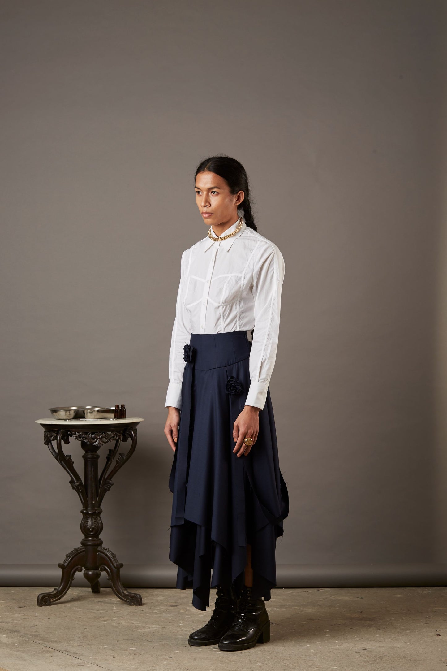 QUOD ASYMMETRICAL SKIRT WITH GARDEN HIGHLIGHTS IN NAVY