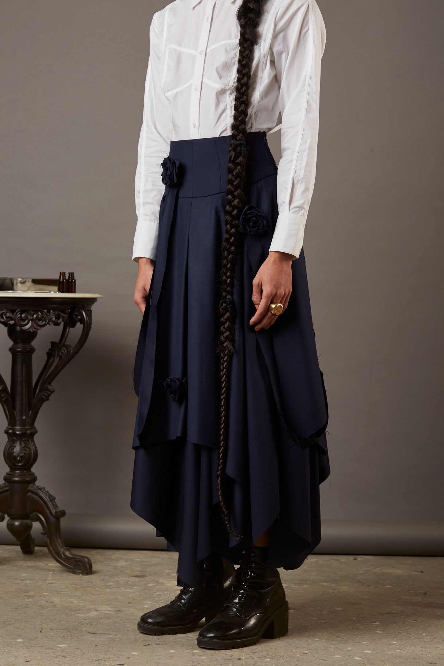 QUOD ASYMMETRICAL SKIRT WITH GARDEN HIGHLIGHTS IN NAVY